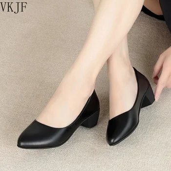 Kadın iş ayakkabısı Siyah Tek Yaz Bayanlar Rahat Pompalar Rahat Düşük Topuklu kadın Deri Yüksek Topuklu Ayakkabılar