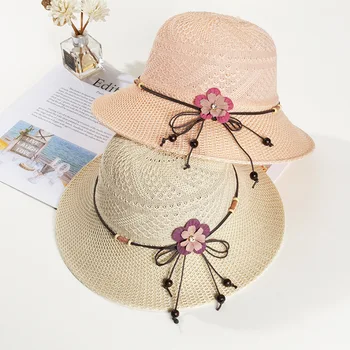 Kadın Şapkaları için 2022 Yaz Yeni güneşlikli kep Deri Halat Çiçek Güneş Koruyucu Nefes Katlanabilir Bayan Şapka ve Kapaklar Gorras
