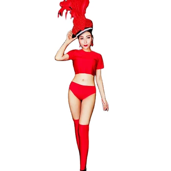 Kadınlar Akşam Parti Doğum Günü Kutlamak Kıyafet Kırmızı Üstleri Şort Şapka Üç Adet Set Gece Kulübü Showgirl Kutup Dans Sahne Giyim