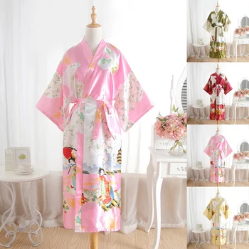 Kadınlar Uzun Saten Bornoz Gelin Düğün Gelin Nedime Kimono Kıyafeti Elbiseler Moda Çiçek Baskı Yaz İpek Saten Seksi Bornoz