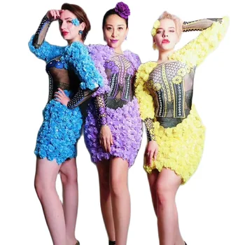 Kadınlar Çiçek Aplikler Kostüm Desen Baskı Mini Elbise Rhinestones Parti Elbise Kadınlar İçin Gece Kulübü Kostümleri Sahne Kıyafeti