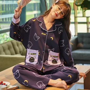 Kadınlar İçin pijama İlkbahar Sonbahar Pamuk Ev Bez Uzun Kollu Pijama Sevimli Luna Kedi Gevşek Rahat Pijama Gecelik Takım Elbise 3XL Büyük
