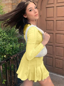 Kalevest Y2K Gotik Mini Elbiseler Sarı Acubi Moda Iki Kadın Elbise Setleri Rave Kıyafetler Patchwork Etekler Uzun Kollu Mahsul Tops