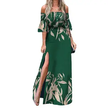 Kapalı Omuz kadın Elbise Çiçek Baskı Maxi Elbiseler Zarif Yüksek Bölünmüş kadın elbisesi kadın Sonbahar Elbiseler