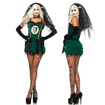 Karnaval Deluxe Vampir Zombi Gotik Cadılar Bayramı Hayalet Yeşil Gelin Kostüm Yetişkin Kadın Kötü Cosplay fantezi parti elbisesi