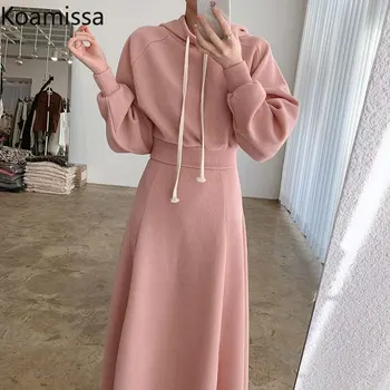 Koamıssa Moda Kadınlar Casual Gevşek İki Parçalı Set Katı Kırpılmış Hoodies Yüksek Bel İnce Uzun Etek Bayan Dış Takım Elbise Kore Takım Elbise