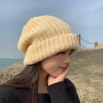 Kore Yün Şapka Kadın Sonbahar Kış Tüm Maç Kore Örme Sıcak Earmuffs Büyük Gevşek Kazık Kap Rahat Bere Kaput Femme