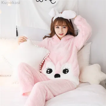 Kupokası Kadın Pazen Pijama Kış Pijama Setleri Pembe Sevimli Karikatür hayvanlı pijama Kalın Pijama Kız Rahat Gecelik