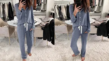 MCLAOSI Yüksek Kaliteli Uzun Kollu kadın Pijama Düğme Aşağı Kadın Pijama Setleri Uyku Üstleri Salonu Aşınma Seti