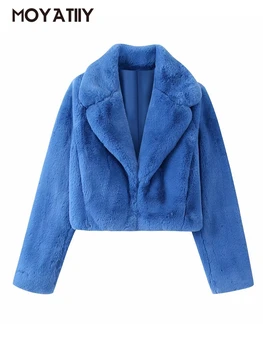 MOYATIIY Kadın Kışlık Mont Mavi Boy Kürk Kalın Sıcak Kadın Mahsul Palto Tasarımcı Paltolar Dış Giyim