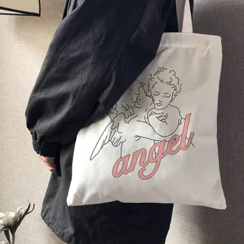 Melek Yeni Kadın Kolej Tuval omuzdan askili çanta Moda Rahat Mektup Karikatür Baskı Büyük Kapasiteli Beyaz Tote baskılı çanta