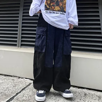 Men'svintage Kargo Cepler Rahat Pantolon Klasik Tarzı Kot Japon Streetwear Gevşek Düz PantsWide Bacak Hip Hop Pantolon