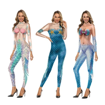 Mermaid baskılı tulum cosplay kostüm tayt komik tulum 3D baskılı gerçekçi balık pulu tulum yetişkin Cadılar Bayramı kostüm