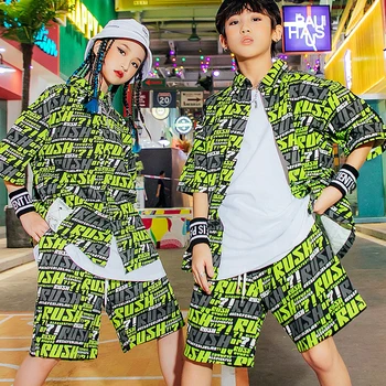 Moda Hip Hop Giyim Çocuklar Gevşek Kısa Kollu Kpop Kıyafetler Kızlar İçin Hophop Erkek Caz Dans Kostümleri Festivali Giyim DQS9700