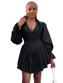 Moda Pilili siyah elbise Kadın İlkbahar Yaz V Yaka Puf Kollu İnce Seksi Elbise Geri Fermuar Parti Vestido Feminino Elegante