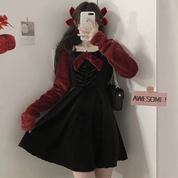 Noel Kırmızı Kontrast Renk Vizon gibi Elbise kadın Sonbahar Kış Japon Vintage Yay Bel Zayıflama Midi tatlı lolita elbise