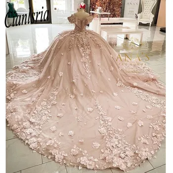 Pembe Prenses Balo Boncuklu 3D Çiçekler Quinceanera Elbiseler Tren İle Tatlı 15 16 doğum günü partisi elbisesi Robe De