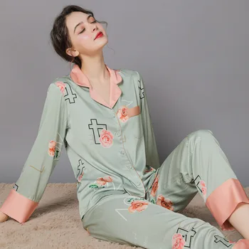 Pijama Seti Kadın Pijama 2 Parça Gömlek ve Pantolon Saten İpek Salonu Aşınma Rahat Ev Giysileri İç Çamaşırı Sonbahar Bahar Yeni Ev Tekstili