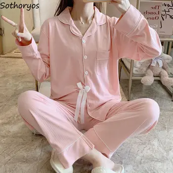 Pijama Setleri Kadınlar Turn-aşağı Yaka Patchwork Basit İhale Pijama Tüm Maç Ins Şık Kore Tarzı Kadın Zarif Moda Yumuşak