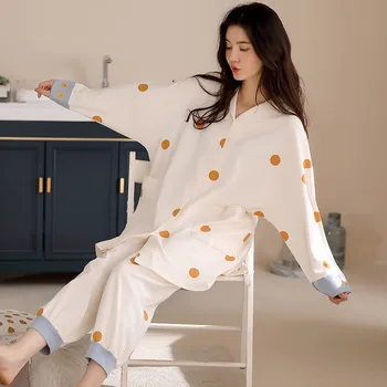 Polka Dot Seti pamuklu gecelik Uzun Kollu Kadın uyku tulumu Hırka Ev Takım Elbise Kadın ıns Sonbahar Salonu Aşınma Kadın Beyaz