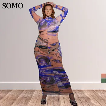 SOMO 2022 Kadınlar Seksi Örgü Artı Boyutu Elbise Moda Pilili Uzun Kollu Baskı Maxi Elbiseler Parti Clubwear Toptan Dropshipping