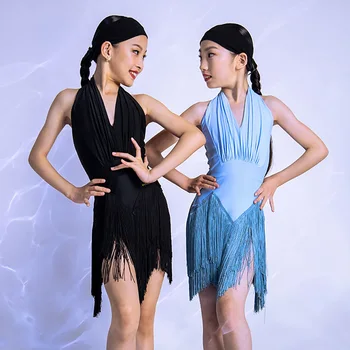 Saçak Latin Dans Elbise Kızlar Halter Sahne Kostüm Samba Dans Kıyafeti Uygulama Giyim Tango Giyim tasarımcı kıyafetleri JL3293