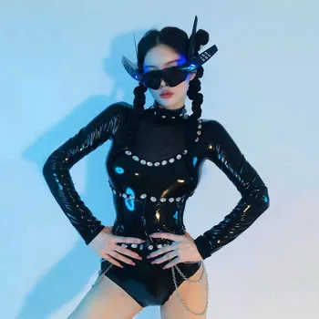 Seksi Caz Dans Takımı Performans Giyim DJ Gece Kulübü Gogo Kostüm Siyah Deri Kristal Bodysuit Sahne Rave Kıyafetler