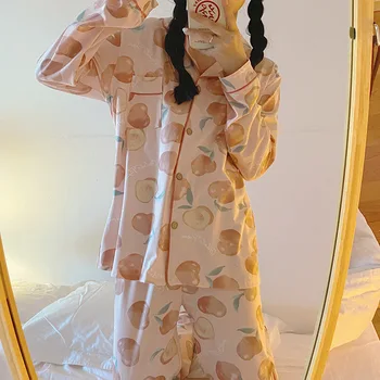 Sevimli Şeftali Pijama Seti Kadın 2021 Sonbahar Yeni Stil Uzun kollu Pantolon Ev Hizmeti İki parçalı Takım Elbise Pijama Kadın Seti
