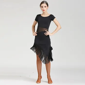 Siyah Latin Dans Elbise Seksi Kısa Kollu Latin Dans Elbise Kadın yaz giysileri Latin Sahne Giyim Püskül Elbise
