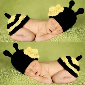 Siyah + Sarı Bebekler Yenidoğan Bebek Erkek Kız Unisex Tığ Örgü Fotoğraf Kostüm Prop arı
