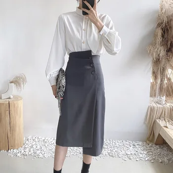 Sonbahar Kış Takım Elbise Etek Kadın Midi Yüksek Bel Bir Çizgi Örgü Etekler Asimetri Ofis Bayan Kız Zarif Kore Tarzı İş Elbiseleri