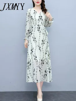 Sonbahar Moda Yeni Uzun Kollu Zarif Mizaç Baskılı Şifon Elbise Diz Üzerinde İnce Ve Popüler Orta Uzunlukta Etek