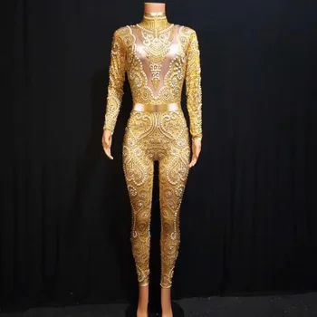 Sparkly Altın Rhinestones İnciler Uzun Kollu Tulum Bar Parti Bodysuit Kadın Şarkıcı Elbise Doğum Günü Kutlamak Kıyafet DJ1010