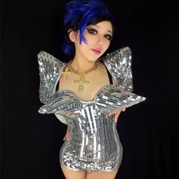 Sparkly gümüş kostüm Kız Gece Kulübü kadın şarkıcı DJ bar sivri göğüs 2 parça shrug pırıltılı sequins kostüm seti