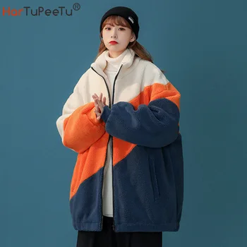 Sıcak Kış Kuzu Kürk Oyuncak Ceket Kadın Renkler Blok Streetwear Gevşek Hip Hop Kızlar Kalın Ceket