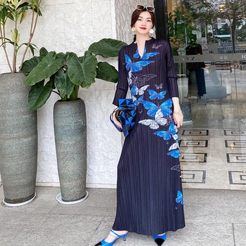 Sıcak satış Hattı dalga baskı Kelebek üç çeyrek Miyake İssey Miyake elbise kadın v yaka pilili elbise STOKTA
