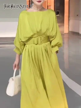 TWOTWINSTYLE Zarif Katı uzun elbise Kadınlar Için Yuvarlak Boyun Fener Kollu Yüksek Bel Minimalist Elbiseler Kadın Giysileri Yeni Stil
