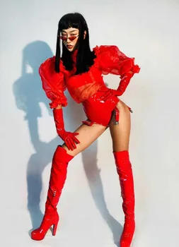 Takım Dans Kıyafeti Gece Kulübü Bar DJ Kadın Şarkıcı Lider Dansçı Kostüm Caz Dans Elbise (Üstleri+Şort+Eldiven) kırmızı 3 Parça Set