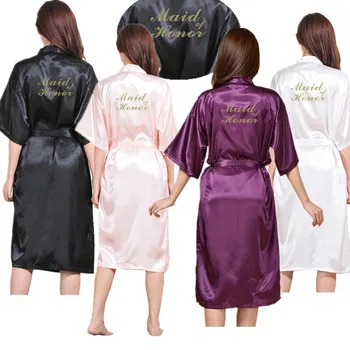Toptan Hizmetçi Onur Mektubu Altın Glitter Kadınlar Saf Renk Uzun Saten İpek Elbiseler Kimono Gecelik Gelin Spa Parti Bornoz T32