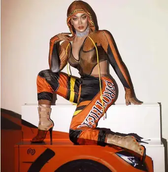 Turuncu Uzun Kollu Üst Pantolon Balo Kadın Dans Şarkıcı Kulübü Spandex Kıyafet Kadın Racer Kostüm V Yaka Kapşonlu Giyim
