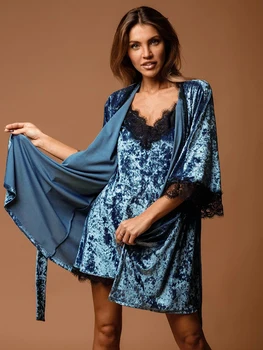 Tülin Moda Dantel Patchwork Pijama gece elbisesi Kadın Bornoz Pijama Setleri Kadife Gecelikler Set Kadın 2 Adet Kadife Roomware