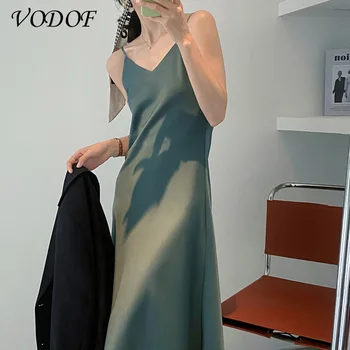 VODOF Kadın Elbise Saten Kolsuz Spagetti Kayışı Akşam Parti Siyah Sundress Uzun Düğün İpek Elbise Yeşil 2021 Yaz Yeni