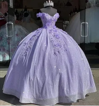 Verngo Sparkly Menekşe Balo 3D Çiçekler Abiye Kapalı Omuz Prenses Parti Balo Elbise Quinceamera Elbise