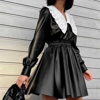 W2022 Sonbahar ve Kış Yeni Kore Pu Deri Etek Elbise Tatlı Bebek Yaka Bel Yüksek Bel Uzun Kollu Siyah Punk Sokak Kız
