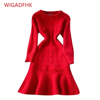 WIGADFHK Sonbahar Ve Kış 2021 Yeni Kırmızı Kazak Elbise Batı Tarzı Vahşi Kore Moda Fishtail Örme Elbise