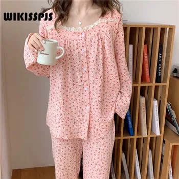 WIKISSPJS 2022 Sonbahar Yeni Uzun Kollu Pantolon Pijama Dantel Tatlı Baskı Küçük Kiraz Ev Giyim Seti Kadın Pijama