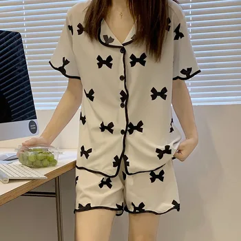 Yaz Kadın Saten Pijama Seti Kore Tatlı Kız Moda Pijama V Yaka İpek Saf Renk İlmek Gecelik Pijama