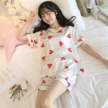 Yaz Kısa Kollu Pijama Seti Kadın Pijama Beyaz Baskı Tatlı Kalp Pijama Şort Takım Elbise Gevşek İnce Yumuşak Saten Ev Giysileri