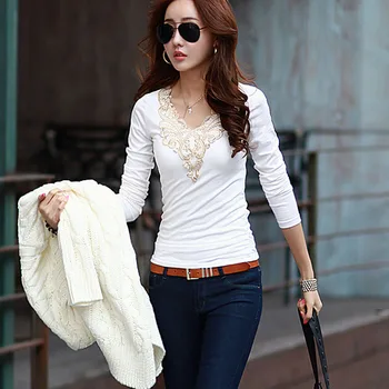 Yeni Moda Sonbahar Moda Kadın Bluz V Yaka Dantel Tığ Patchwork Uzun Kollu Katı Beyaz Siyah kadın Gömlek Blusas