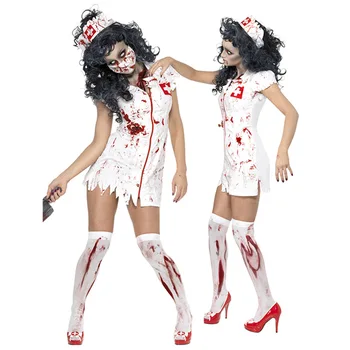 Yeni Yetişkin Cadılar Bayramı Korkunç Zombi hemşire kostümü Kadınlar Seksi Hemşire Beyaz Elbise Cadılar Bayramı Partisi Cosplay Spooky Sıçramak Kostüm